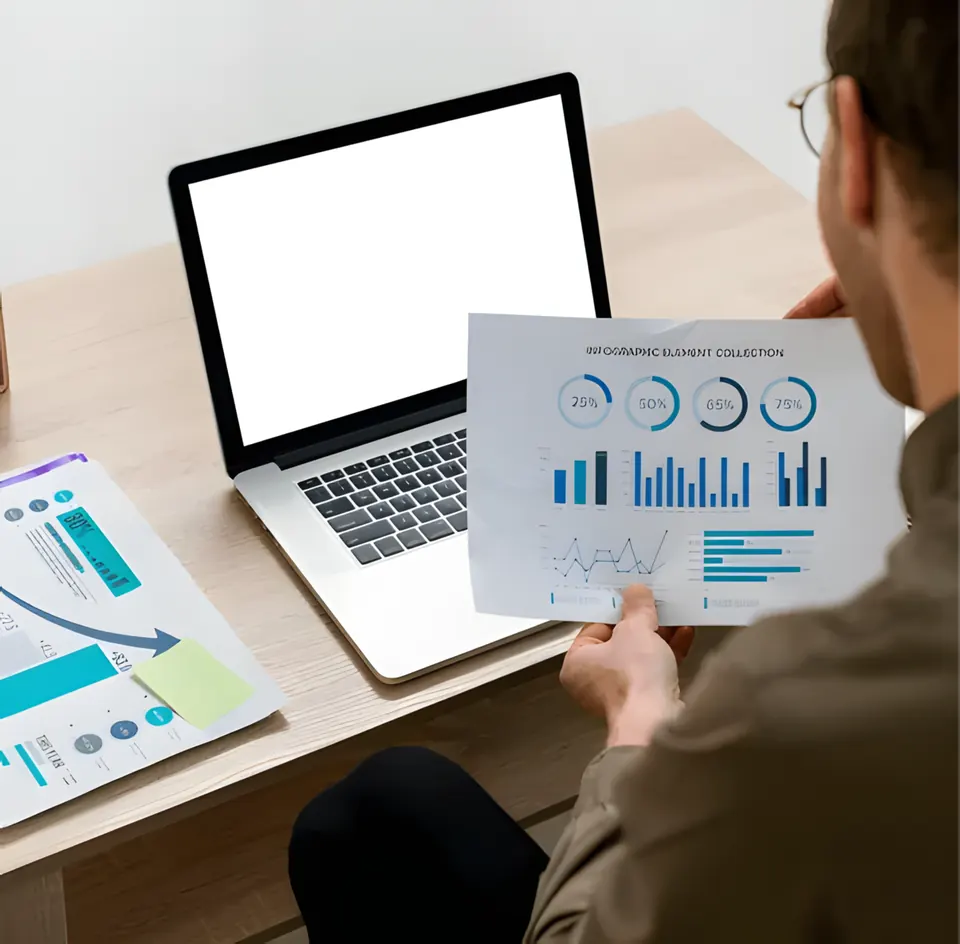 Person comparing a printed campaign report with a laptop