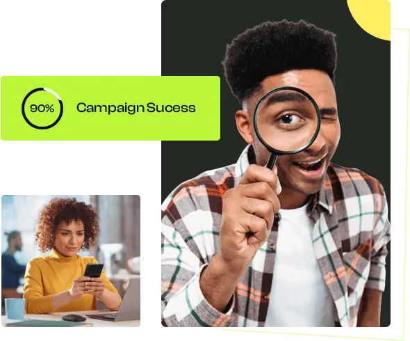 Collage of a man with a magnifying glass and a woman reviewing results on her phone
