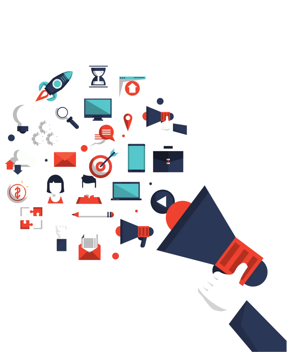 Illustration of a megaphone surrounded by digital marketing channel icons