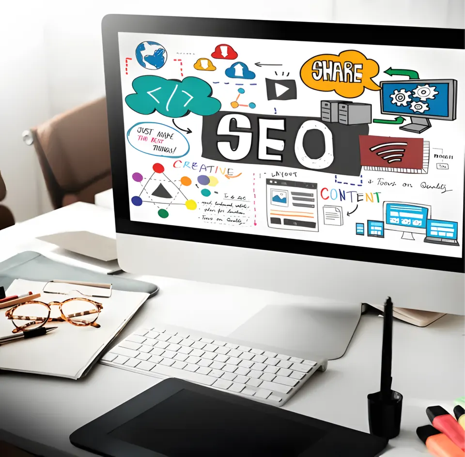Monitor showing an SEO and content plan on a desk